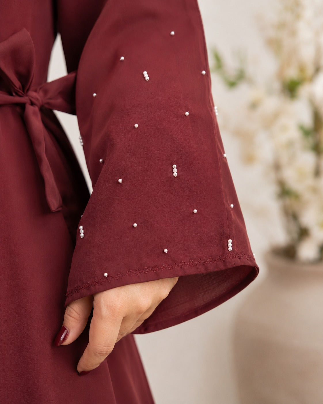 Stylish Maroon Double-Layer 3-Piece Abaya with Beaded Handwork