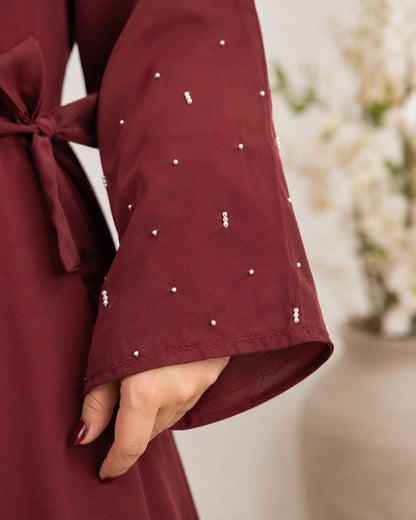 Stylish Maroon Double-Layer 3-Piece Abaya with Beaded Handwork