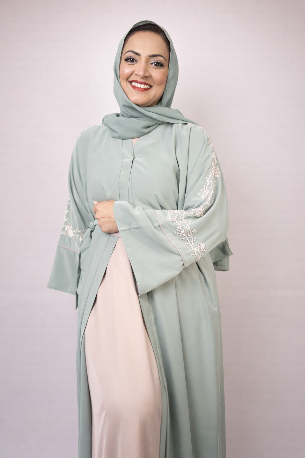 Refreshing Mint Sage Crystal Sleeve Abaya Set (3-Piece)