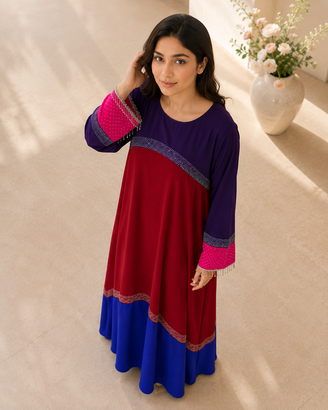 Tricolor Poka fabric dress abaya with stone work and lace fringe - image 11