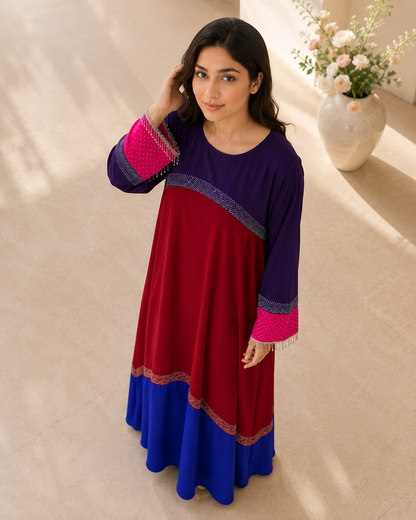 Tricolor Poka fabric dress abaya with stone work and lace fringe - image 11