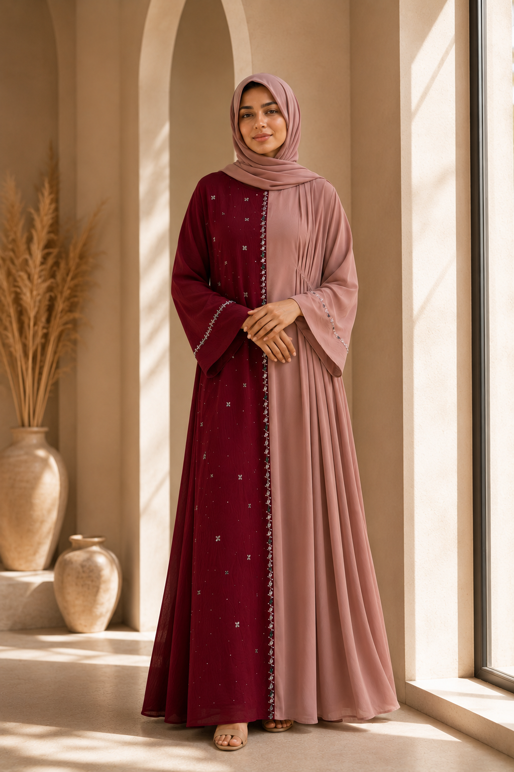 Half and half color block abaya dress with stone embellishments - image 13