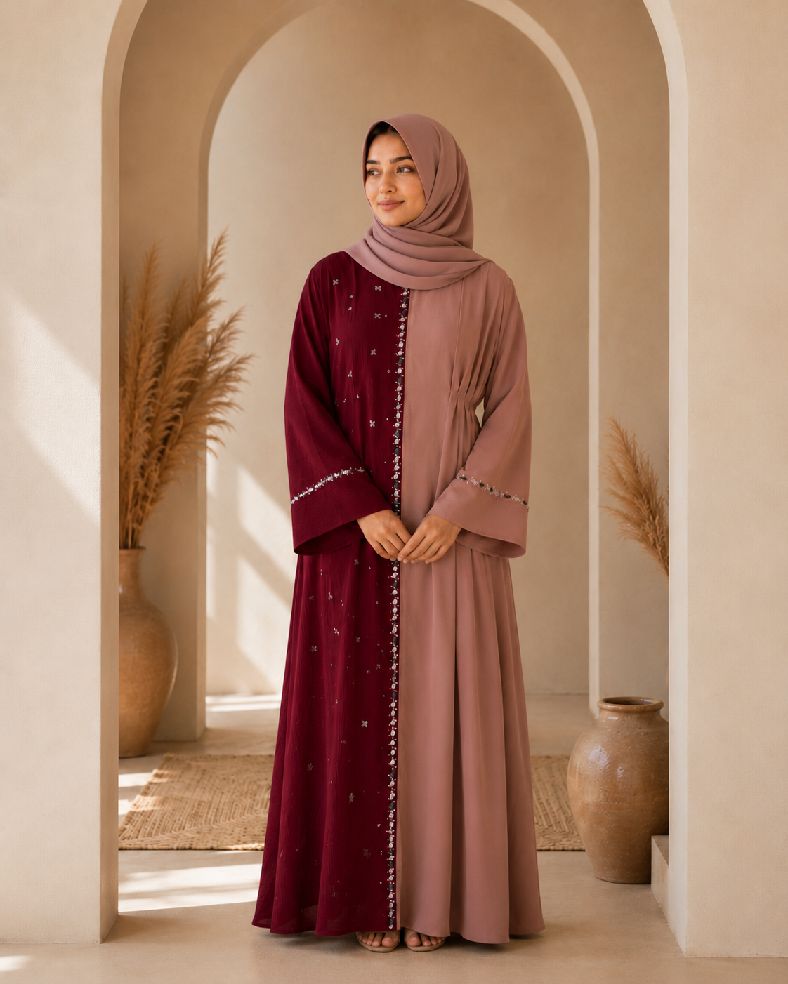 Half and half color block abaya dress with stone embellishments - image 4