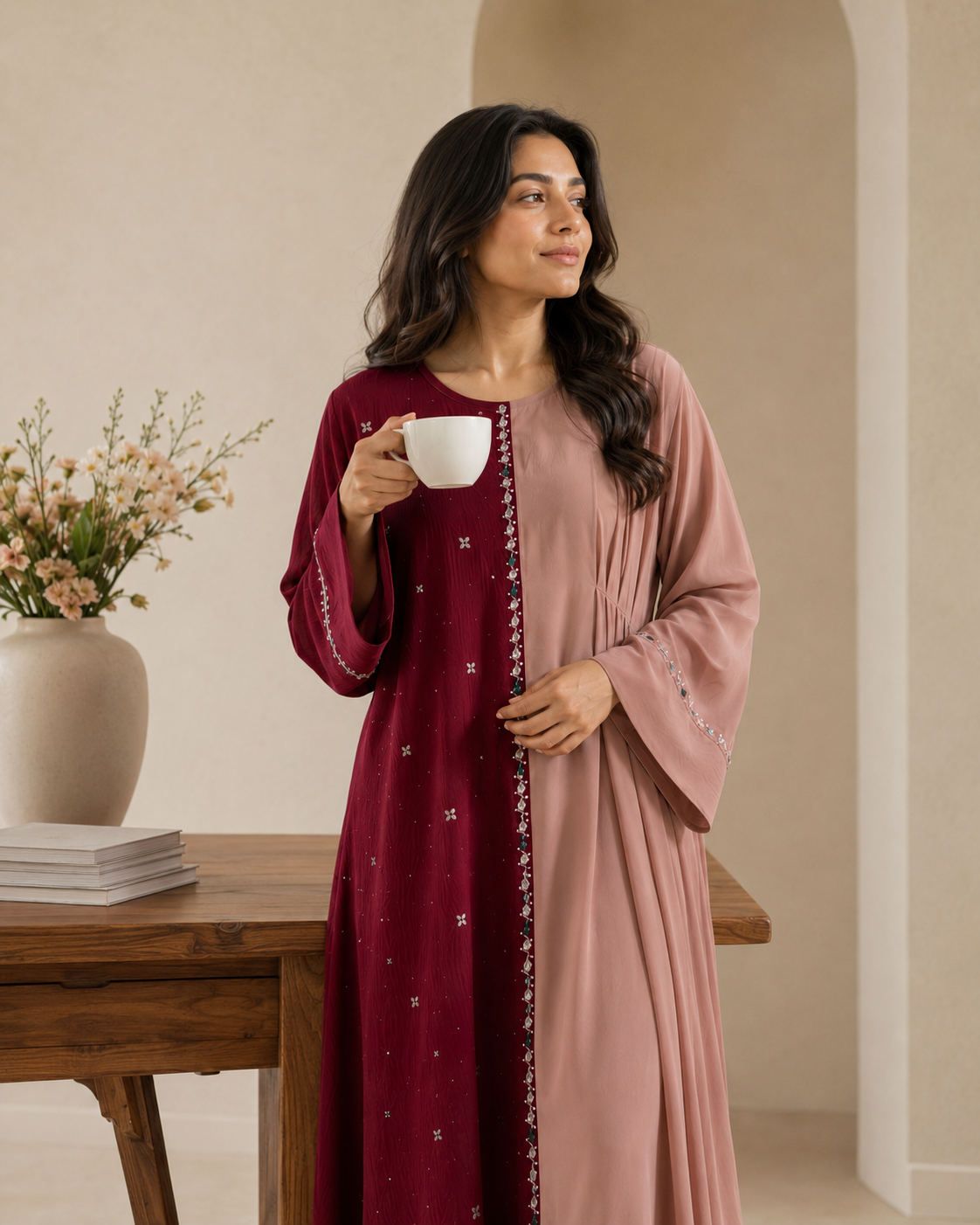 Half and half color block abaya dress with stone embellishments - image 14