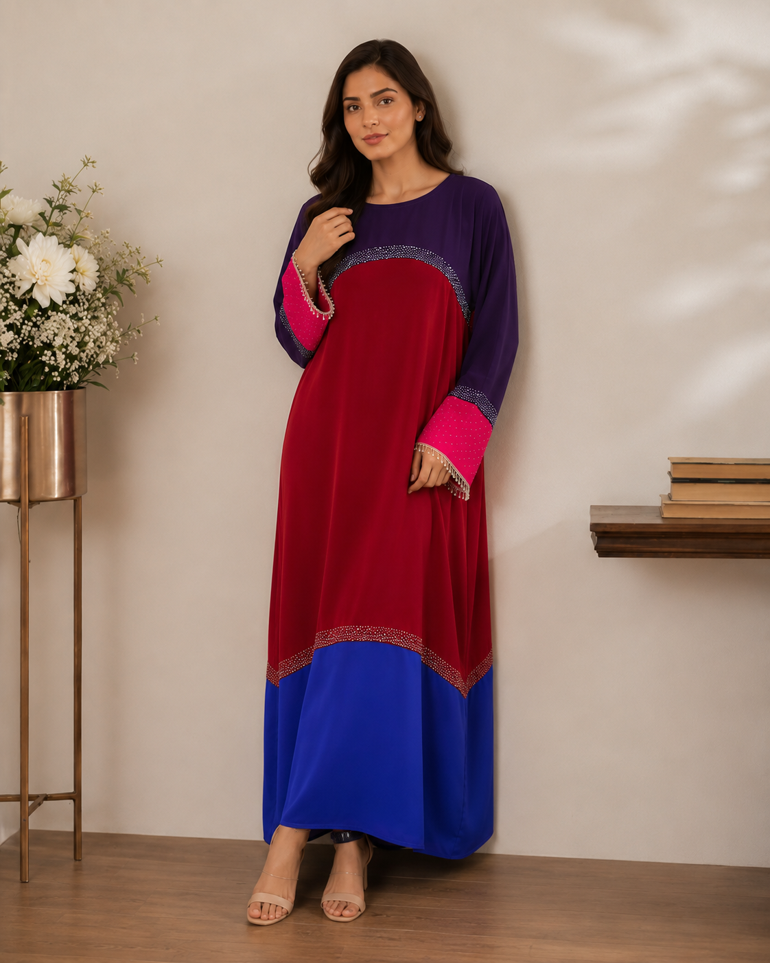 Tricolor Poka fabric dress abaya with stone work and lace fringe - image 5