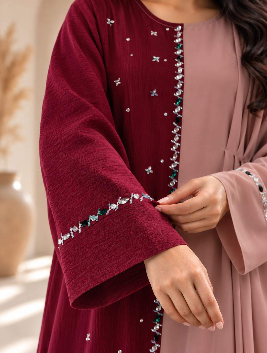 Half and half color block abaya dress with stone embellishments - image 9