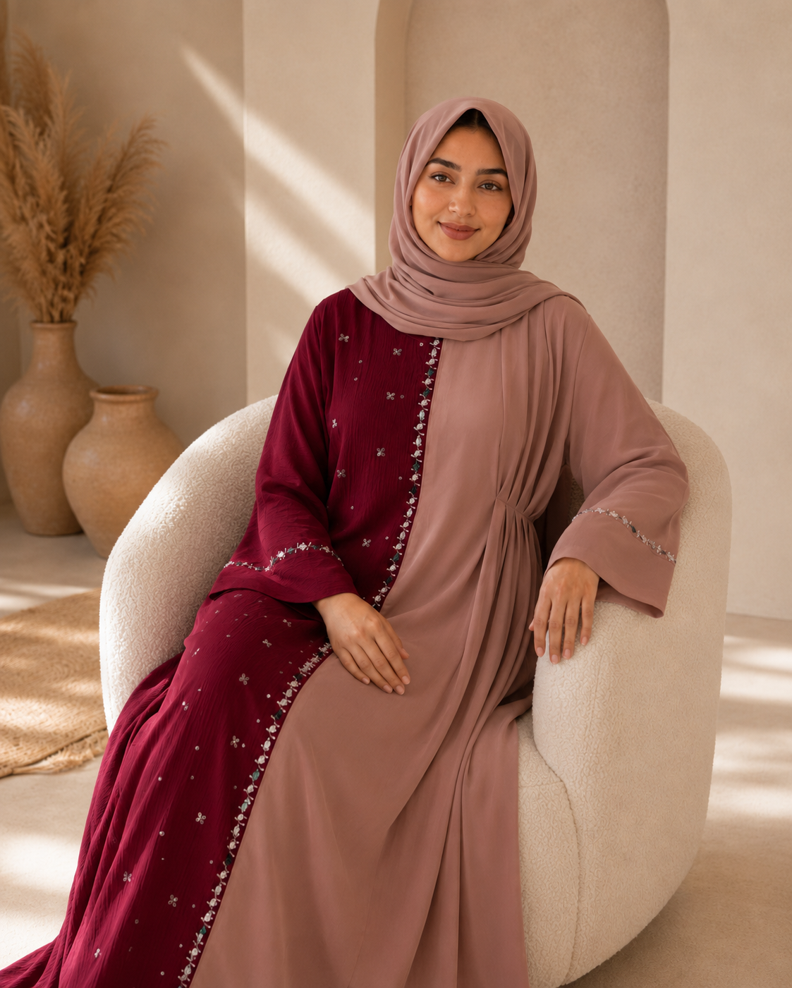 Half and half color block abaya dress with stone embellishments - image 3