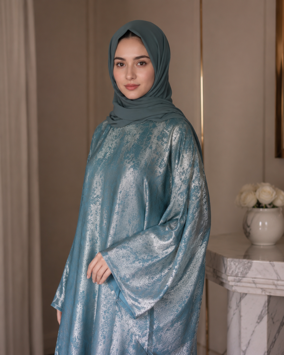 Pastel blue foil fabric kaftan abaya - image 4