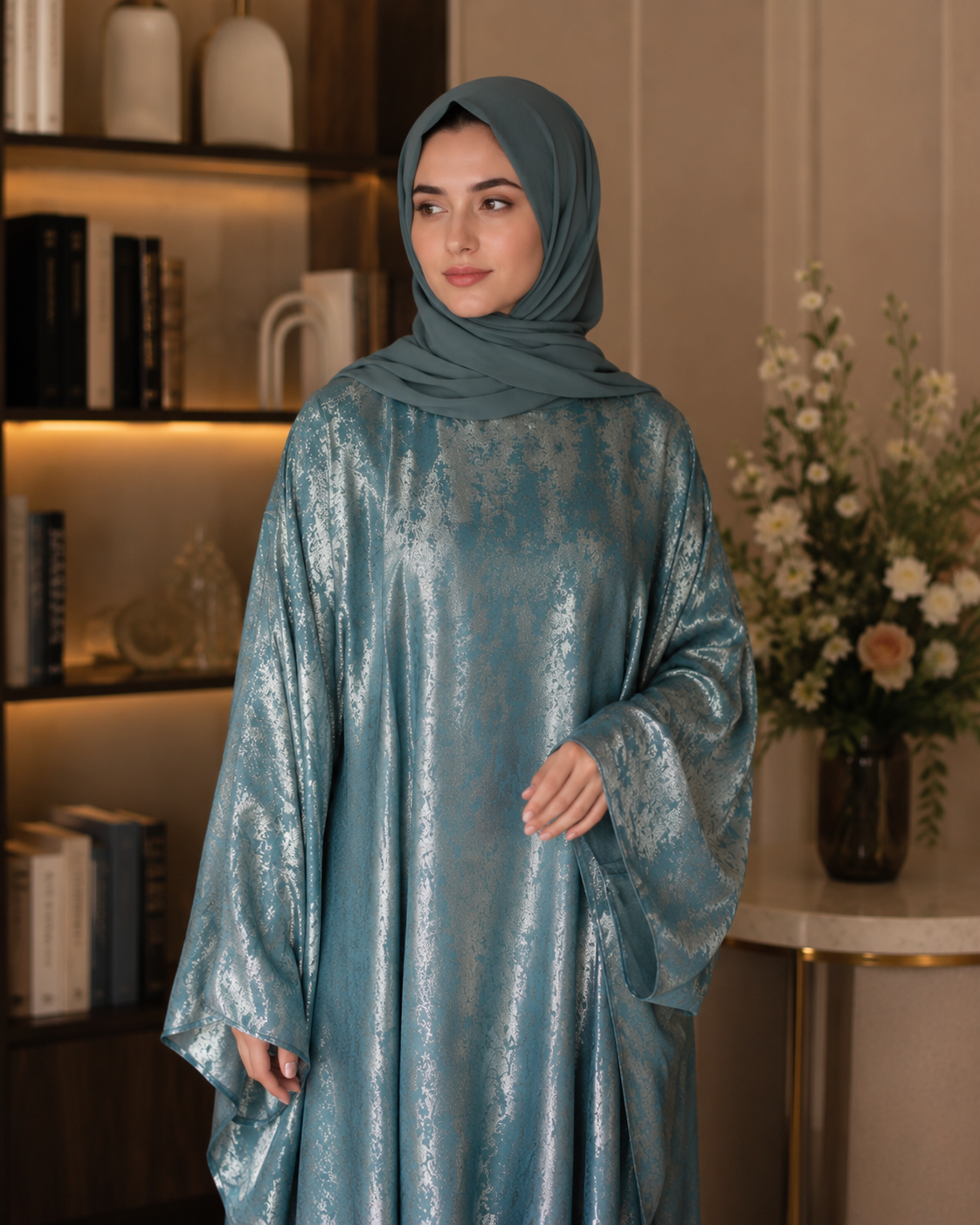 Pastel blue foil fabric kaftan abaya - image 1