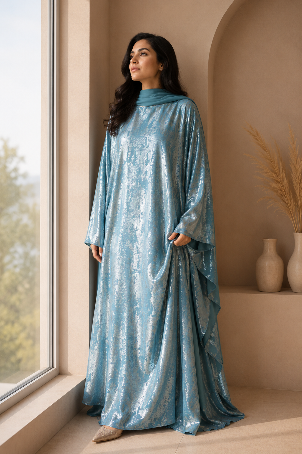 Pastel blue foil fabric kaftan abaya - image 6