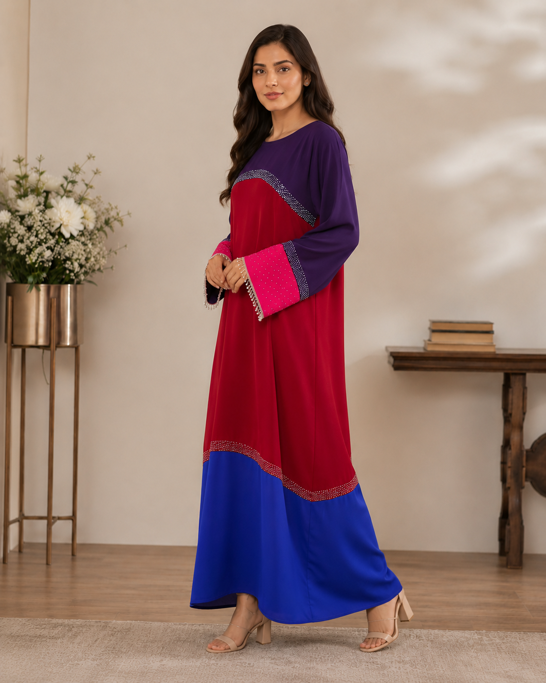 Tricolor Poka fabric dress abaya with stone work and lace fringe - image 4