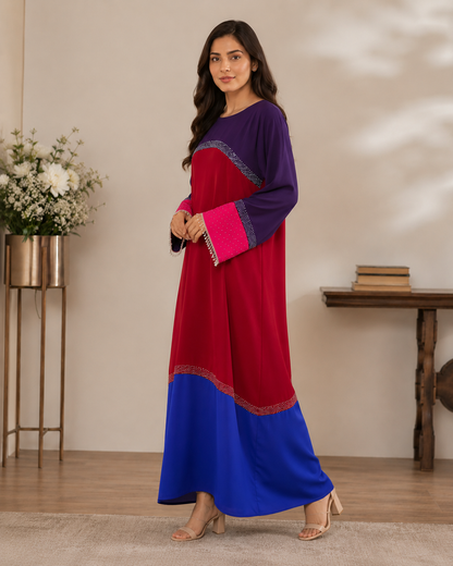 Tricolor Poka fabric dress abaya with stone work and lace fringe - image 4
