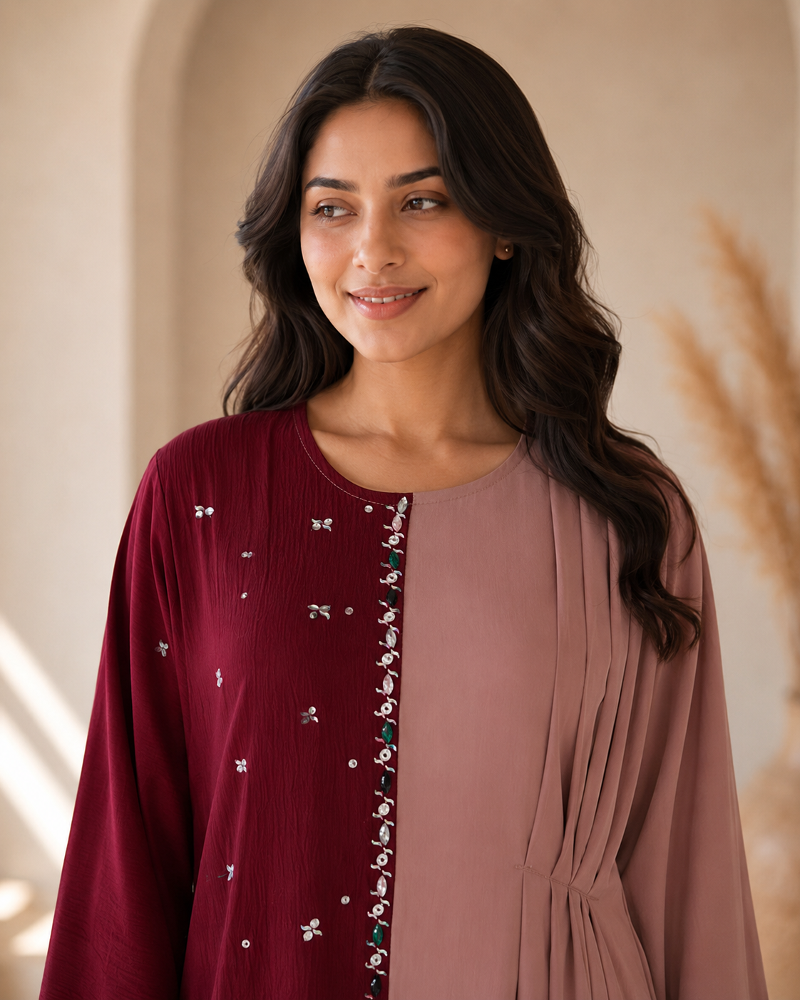 Half and half color block abaya dress with stone embellishments - image 7