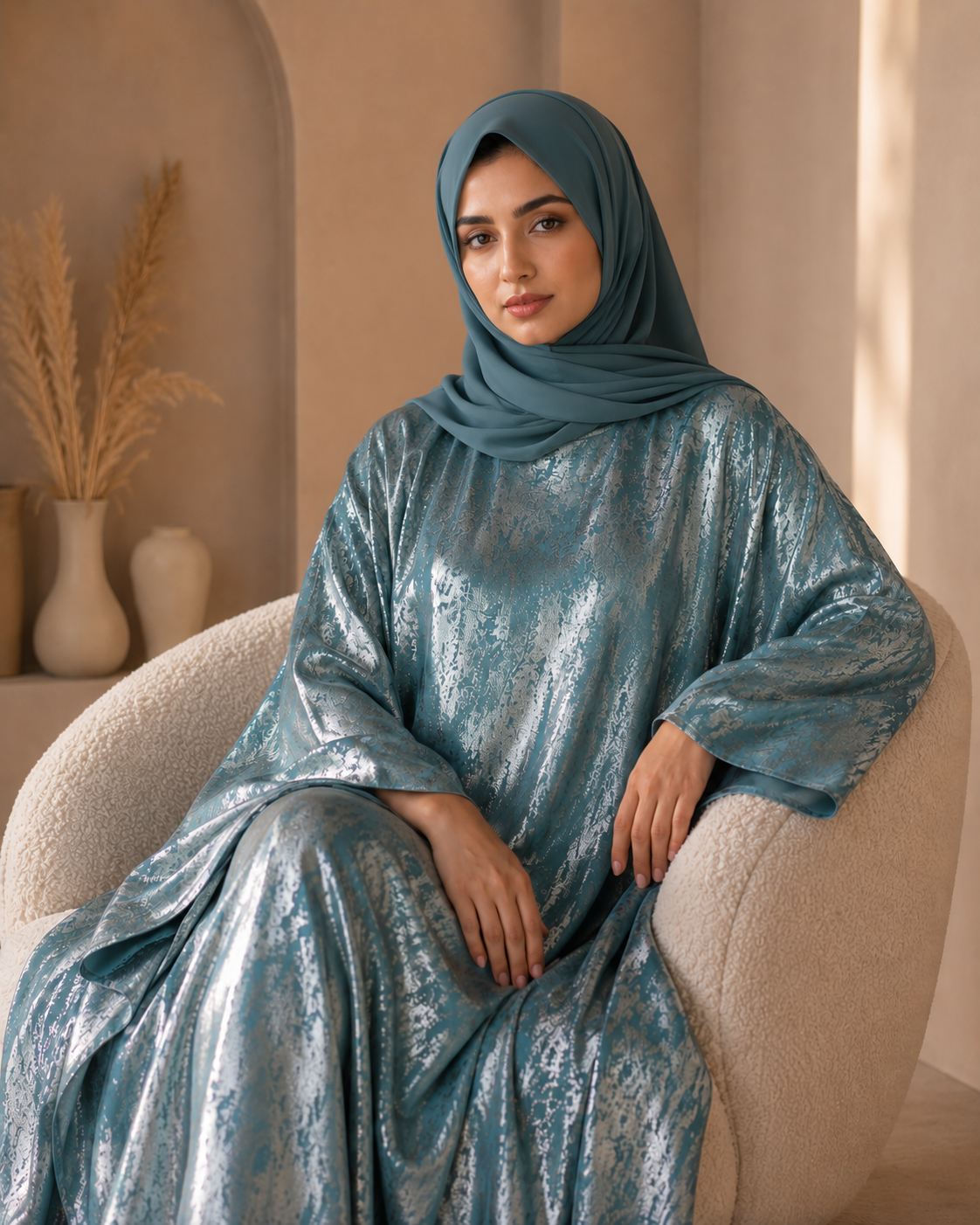 Pastel blue foil fabric kaftan abaya - image 7