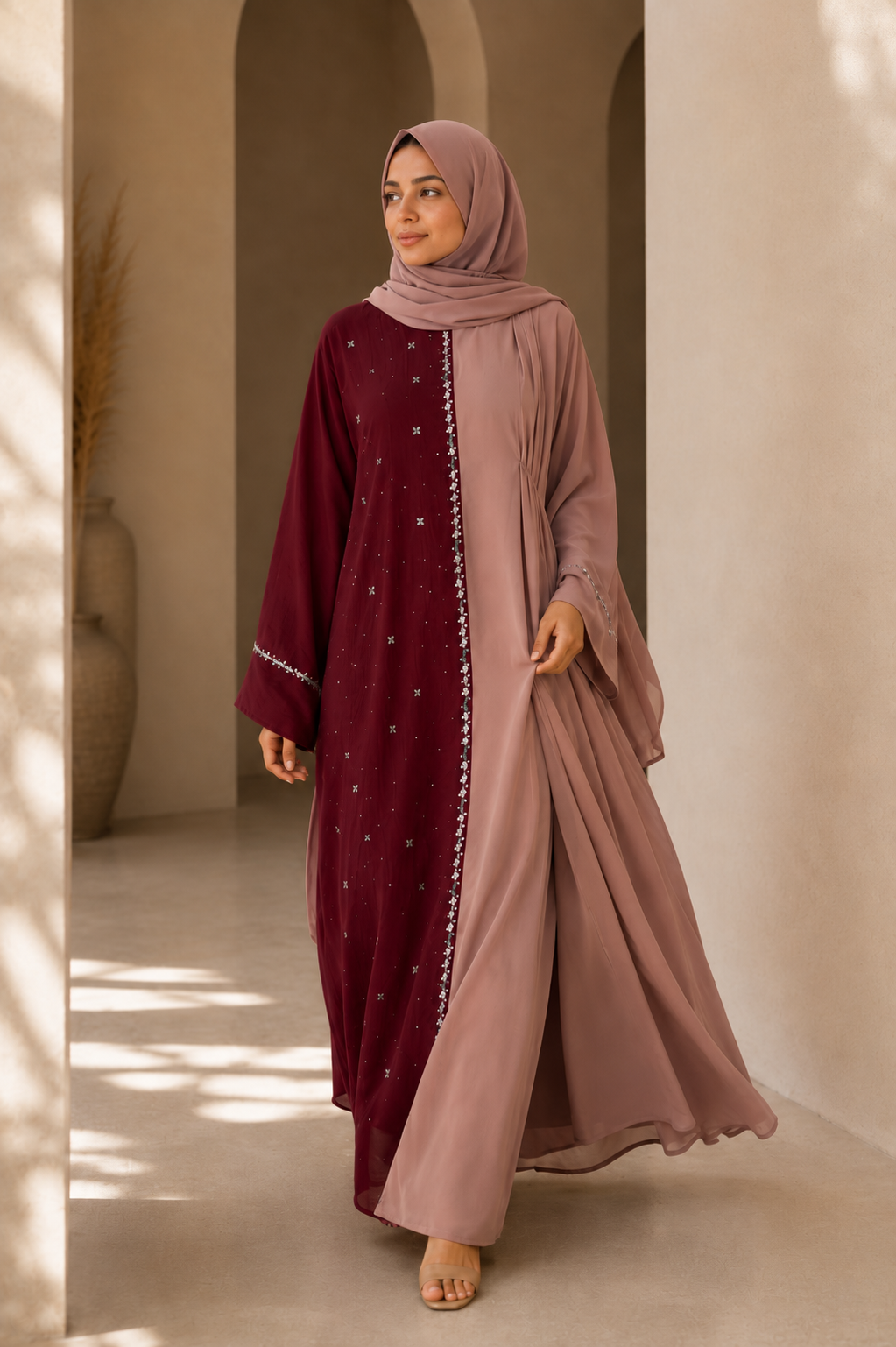 Half and half color block abaya dress with stone embellishments - image 17