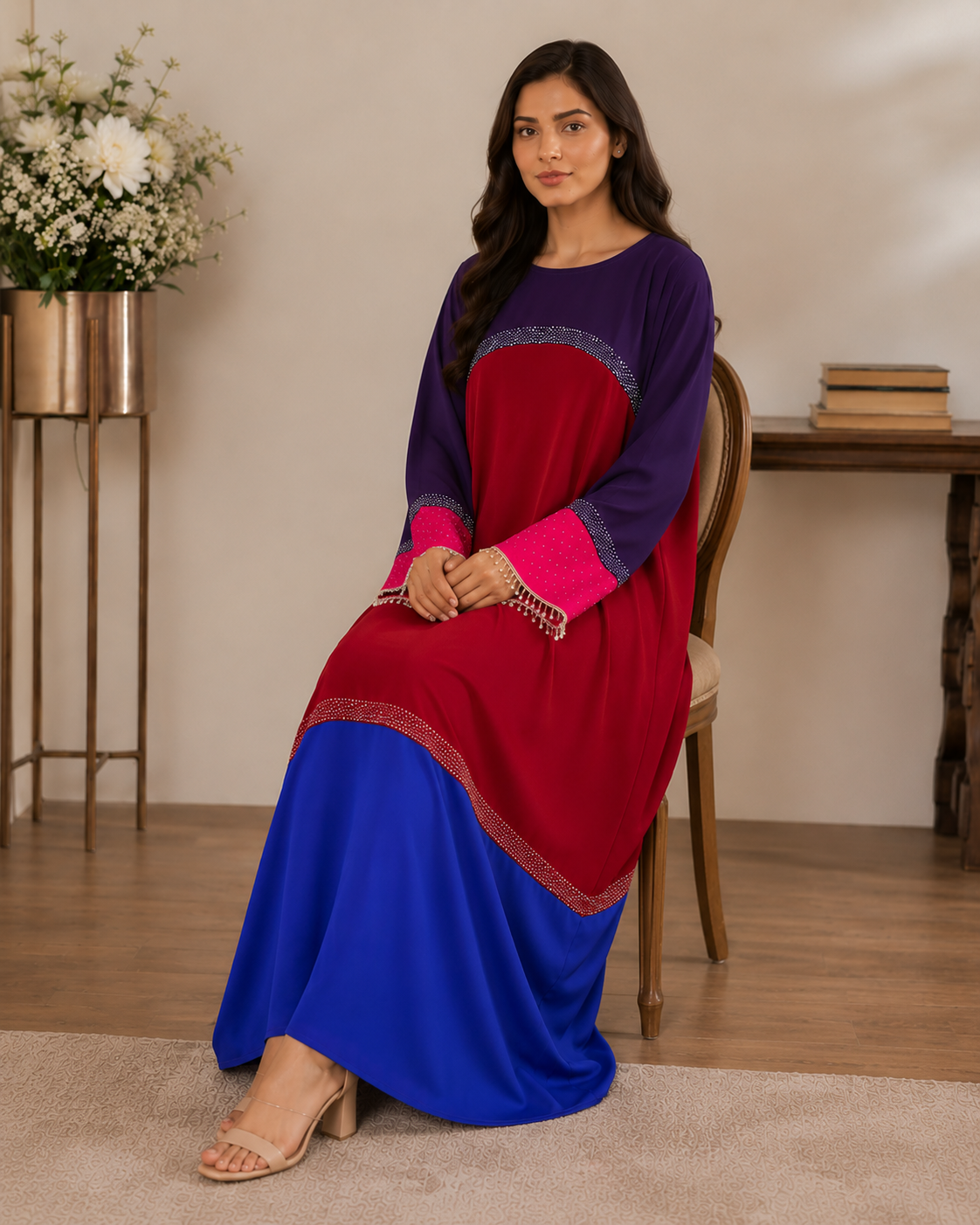 Tricolor Poka fabric dress abaya with stone work and lace fringe - image 6