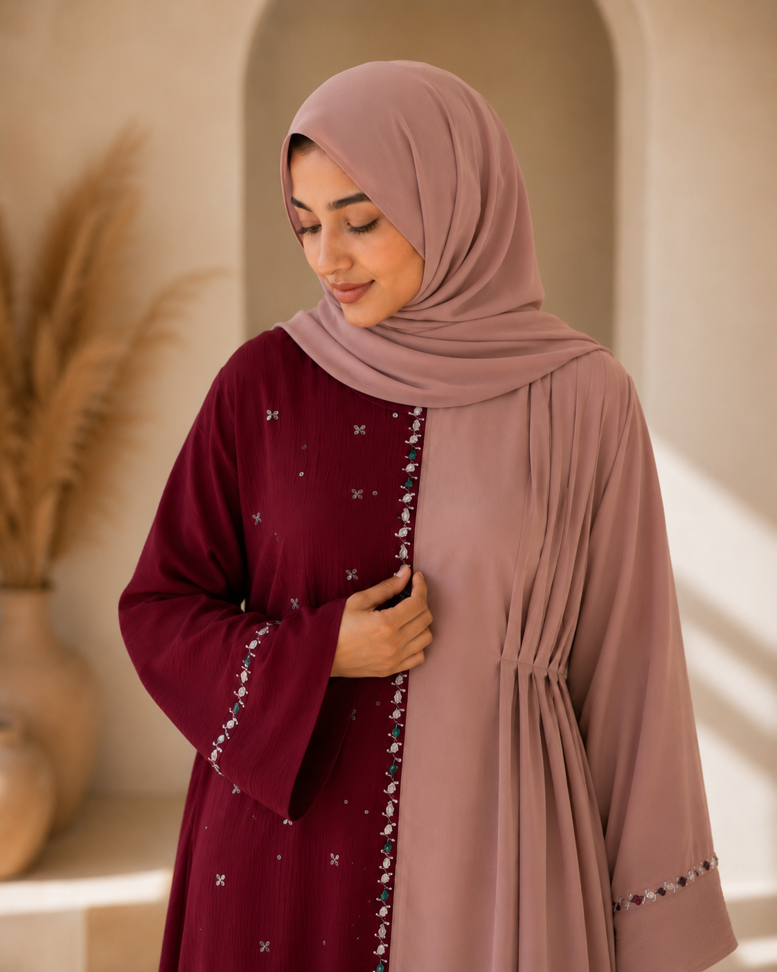 Half and half color block abaya dress with stone embellishments - image 5