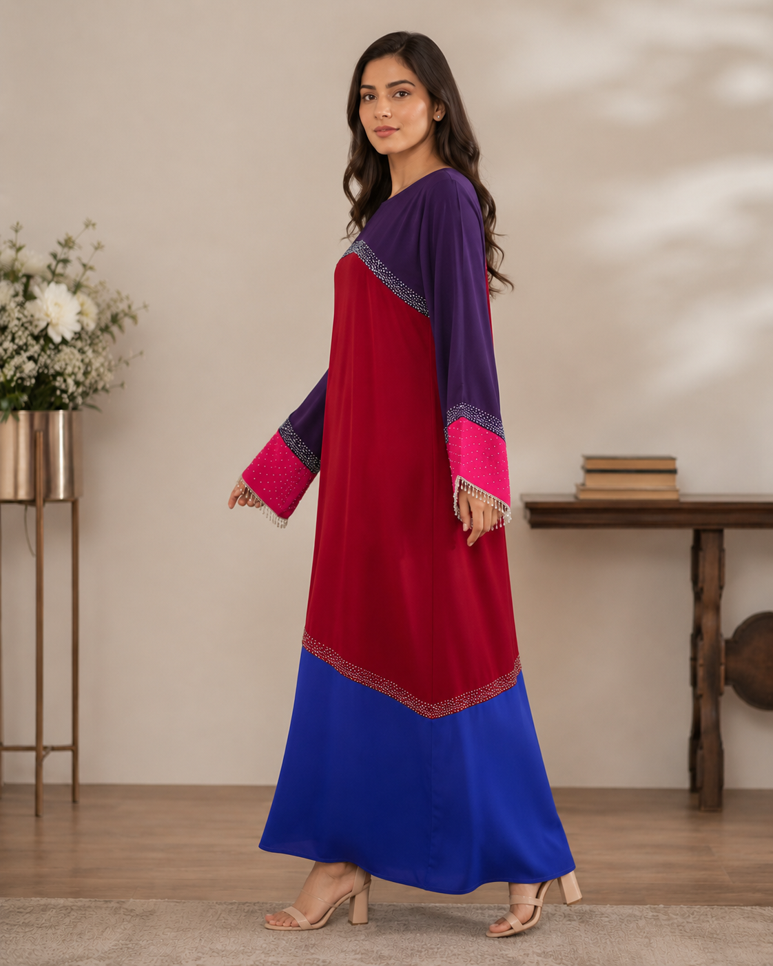 Tricolor Poka fabric dress abaya with stone work and lace fringe - image 1