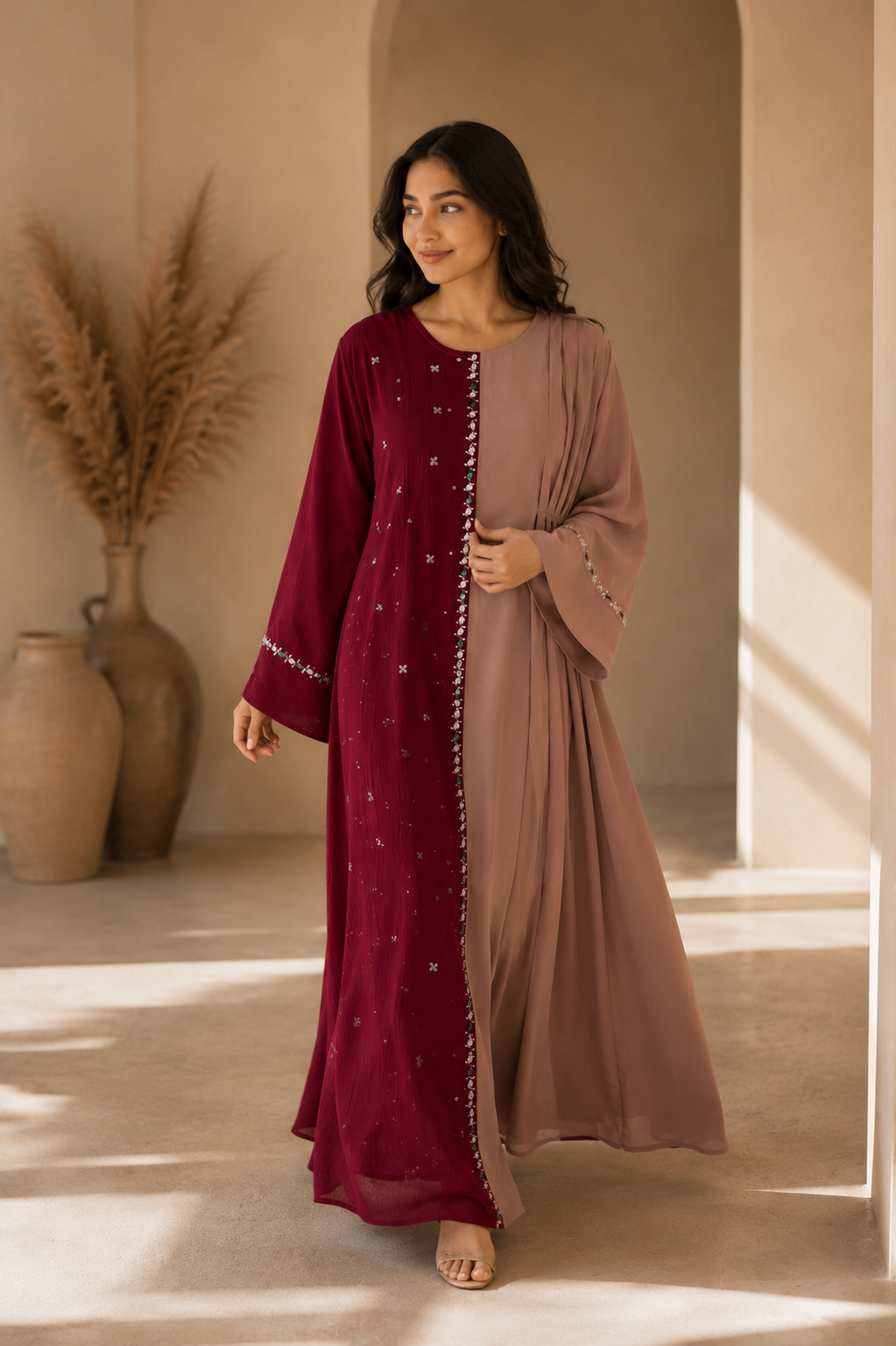 Half and half color block abaya dress with stone embellishments - image 10