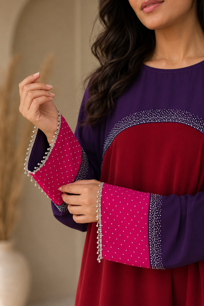 Tricolor Poka fabric dress abaya with stone work and lace fringe - image 14