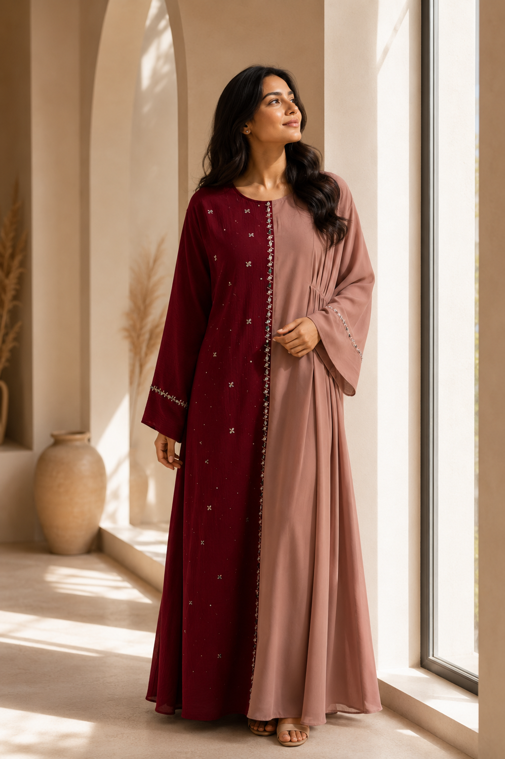 Half and half color block abaya dress with stone embellishments - image 11