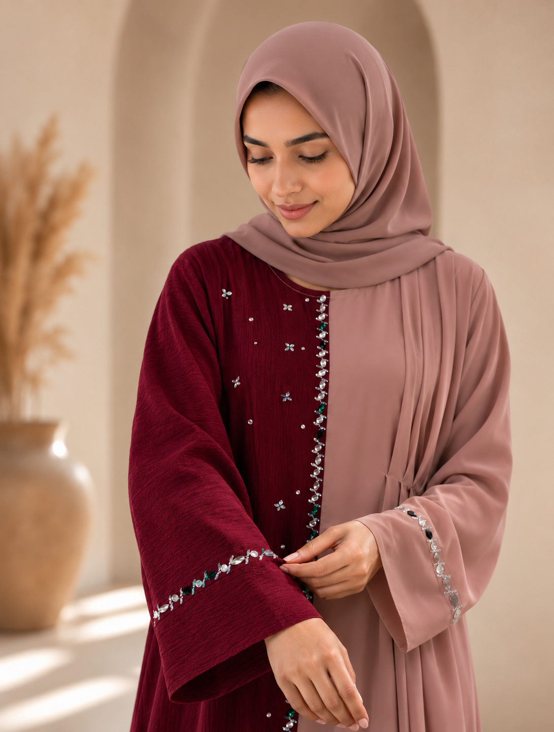Half and half color block abaya dress with stone embellishments - image 18