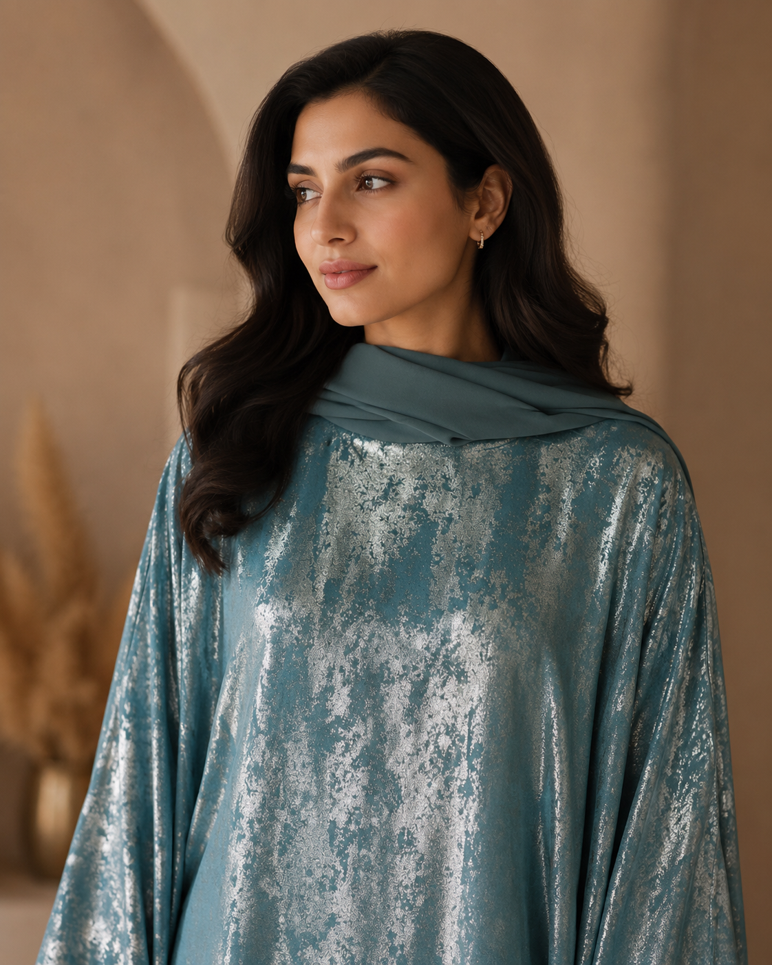 Pastel blue foil fabric kaftan abaya - image 8