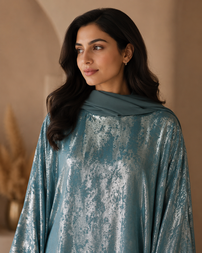 Pastel blue foil fabric kaftan abaya - image 8