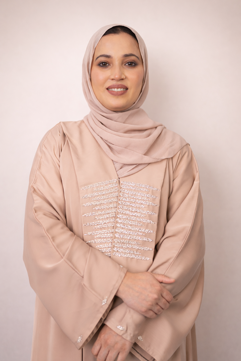 Exquisite Beige Zoom Fabric Abaya with Crystal Bead Handwork & Flowy Sleeves