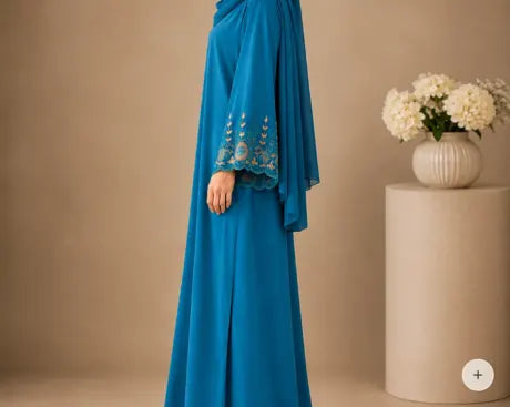 Blue Nidha abaya with embroidered sleeves